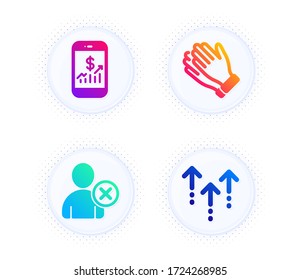 Handklatschen, Mobile Finance und Löschen Benutzer-Icons einfache Set. Button mit halben Punkten. Abwischen des Hinweises. Clap, Phone Accounting, Entfernen Profil. Bildlaufpfeil Business Set. Vector
