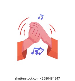 Clapping hands with musical notes. Hand gesture. Applause icon. Appreciation and positive communication. Positive ovation and success. Flat style. Isolated background. Vector illustration.