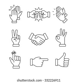 Clapping hands and other gestures. Thin line art icons set.Black vector symbols isolated on white.