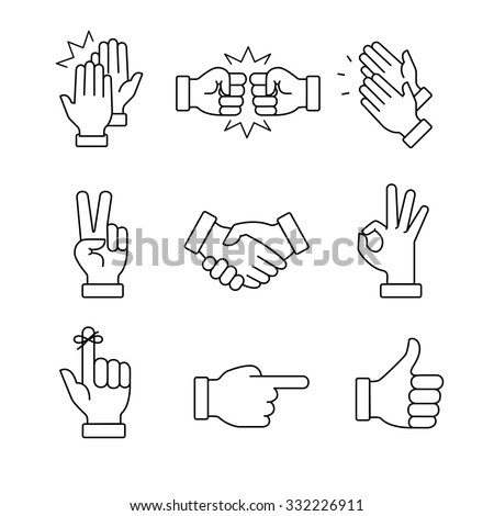 Clapping hands and other gestures. Thin line art icons set.Black vector symbols isolated on white.
