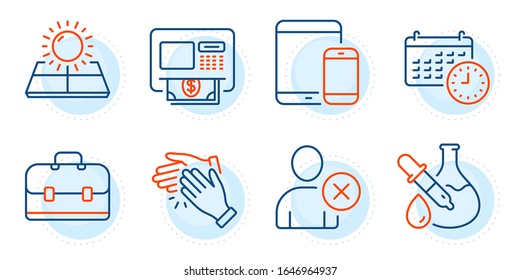 Clapping hands, Portfolio and Mobile devices signs. Sun energy, Delete user and Atm line icons set. Chemistry experiment, Calendar symbols. Solar panels, Remove profile. Business set. Vector