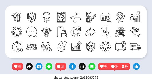 Clapping hands, Receive money and Cyber attack line icons pack. Social media: share, comment, like icons. Checkbox, Cogwheel, Charging parking web icon. Vector