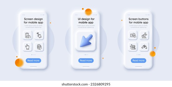 Clapping hands, Scroll down and Couple line icons pack. 3d phone mockups with cursor. Glass smartphone screen. Info app, Cursor, Click hand web icon. Discount coupon, Businessman run pictogram. Vector