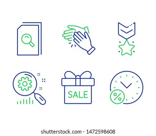 Clapping hands, Search files and Search statistics line icons set. Sale offer, Winner medal and Loan percent signs. Clap, Magnifying glass, Analysis. Gift box. Business set. Vector