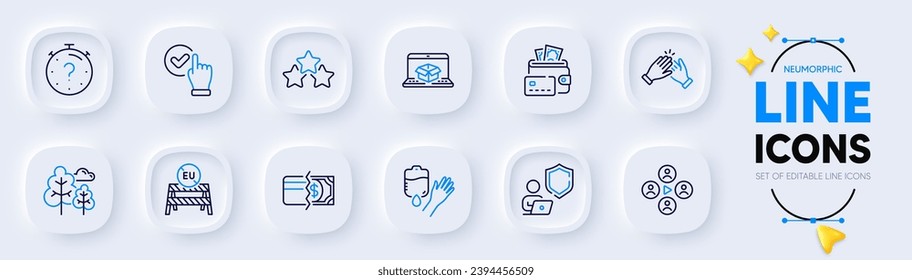 Clapping hands, Shield and Blood line icons for web app. Pack of Payment methods, Video conference, Tree pictogram icons. Money, Online delivery, Quiz signs. Checkbox, Ranking stars. Vector