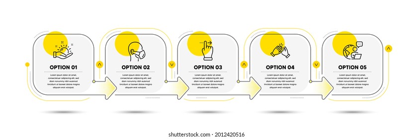 Clapping Hands, Sunny Weather And Touchscreen Gesture Line Icons Set. Timeline Process Flowchart. Medical Mask Sign. Clap, Hold Sun, Slide Right. Respirator. People Set. Vector