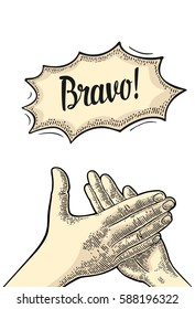 Clapping hands. Vector black vintage engraved illustration. Isolated on white background.