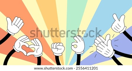 Clapping hands in vibrant groovy doodle style. Hands giving thumbs up and applauding, symbolizing appreciation and success. Cheerful hand drawn vector celebrating achievement and positivity