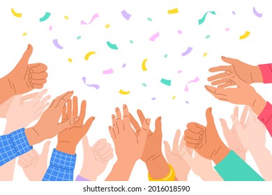 Clapping human hands. Crowd of men and women congratulates a winner. Business team applauding for great successful work. Teamwork and togetherness concept. Hand drawn colorful illustration