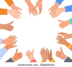 Clapping human hands with thumbs up. Group of men and women congratulates a winner. Business team applauding for great successful work. Teamwork and togetherness hand drawn concept with space for text