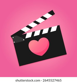 Batendo palmas de filme de ardósia, ícone de placa de bate-papo com um coração em fundo rosa. Símbolo de cinema. Ilustração vetorial
