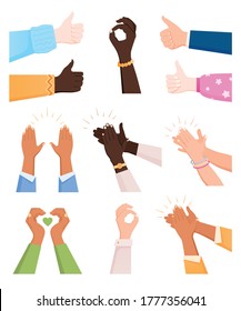 Clapping ok heart hands applause flat icon set of isolated human hand images on blank background vector illustration