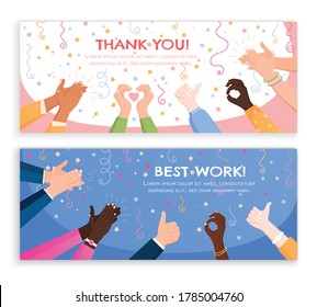Clapping ok heart hands applause set of horizontal banners with editable text and flat holiday images vector illustration