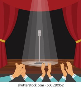 Clapping of spectators and theatrical stage with red curtain and microphone in rays of light vector illustration