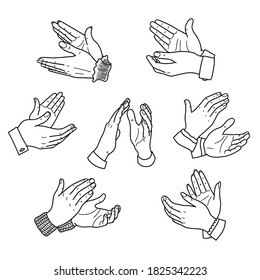 Claps of hands, applause. Set vector illustration in the outline style, isolated on a white background. Business concept. Design element.