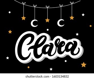 Clara. Woman's name. Hand drawn lettering. Vector illustration. Best for Birthday banner