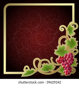 Claret background with gold frame and vine
