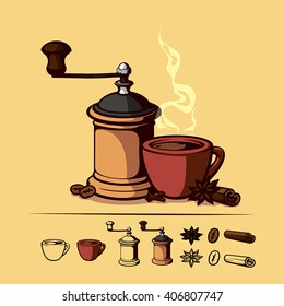 claret cup of coffee and coffee grinder