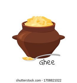 Clarified ghee butter jar. Food ingredient for cooking. Vector