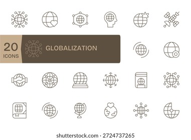 Klären Sie Aktionen mit 20 Dünnlinien-Symbolen, die auf Globalisierung ausgerichtet sind, perfekt für Symbolleisten und Menüs.