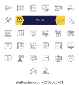 Klären Sie Aktionen mit 32 Dünnlinien-Symbolen, die auf Video zentriert sind, perfekt für Symbolleisten und Menüs.