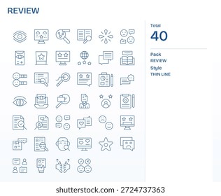 Clarify actions with 40 Thin Line icons centered on Review, perfect for toolbars and menus.