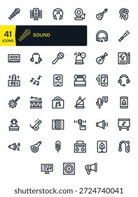 Aclara las acciones con 41 iconos de línea en negrita centrados en el sonido, perfecto para barras de herramientas y menús.