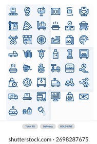 Clarificar ações com 45 ícones da linha negrito centrados na entrega, perfeito para barras de ferramentas e menus.