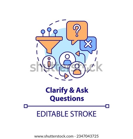 Clarify and ask questions multi color concept icon. Open ended. Gather information. More details. Understand customer. Round shape line illustration. Abstract idea. Graphic design. Easy to use