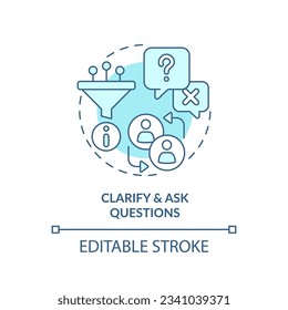 Clarify and ask questions soft blue concept icon. Open ended. Gather information. More details. Understand customer. Round shape line illustration. Abstract idea. Graphic design. Easy to use