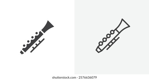 Clarinet icon set in black flat solid and outlined style.