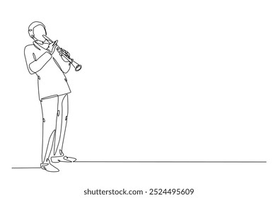 Clarinete em desenho contínuo de uma linha. Ilustração de arte de linha única de homem segurando instrumento de música clarinete. Vetor editável.