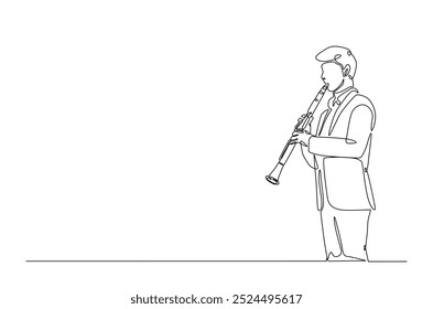 Clarinet player in continuous one line drawing. Single line art illustration of man holding clarinet music instrument. Editable vector.