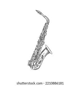 Clarinet or saxophone isolated musical instrument sketch. Vector woodwind sax or bass orchestra trumpet