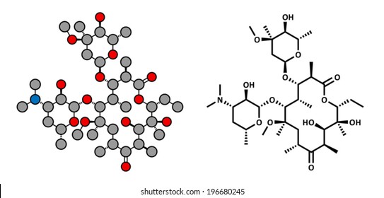 Clarithromycin antibiotic drug (macrolide class), chemical structure. Conventional skeletal formula and stylized representation, showing atoms (except hydrogen) as color coded circles.