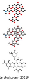 Clarithromycin antibiotic drug (macrolide class) molecule. Conventional skeletal formula and stylized representations. 
