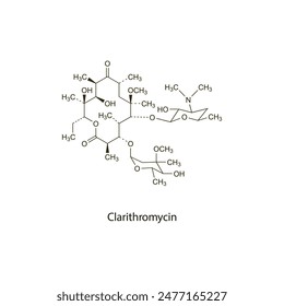 Clarithromycin flat skeletal molecular structure Macrolide antibiotic drug used in bacterial infection treatment. Vector illustration scientific diagram.