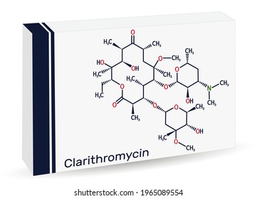 Clarithromycin molecule. It is antibacterial drug, semisynthetic macrolide antibiotic derived from erythromycin. Paper packaging for drugs. Vector illustration