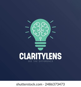 Logo minimalista moderno "ClarityLens" con icono de bombilla cerebral.