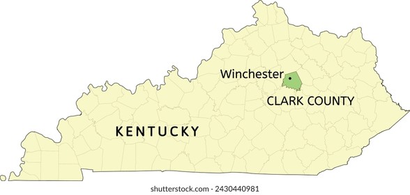 Localización de Clark County y la ciudad de Winchester en el mapa estatal de Kentucky