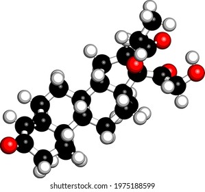 Clascoterone drug molecule. 3D rendering. Atoms are represented as spheres with conventional color coding: hydrogen (white), carbon (carbon), oxygen (red).
