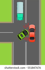 Clash of cars on T-Junction flat vector illustration. Road rules violations example on top view diagram. Traffic offences concept. Car crash and car accident. For insurance company, driving courses ad