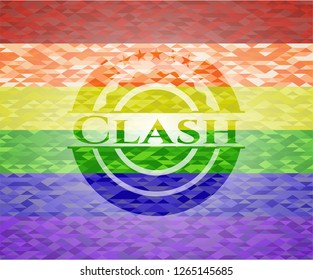 Clash emblem on mosaic background with the colors of the LGBT flag