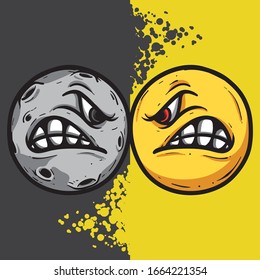 Clash of moon and sun vector illustration. Angry space object character, sky, night and day drawing