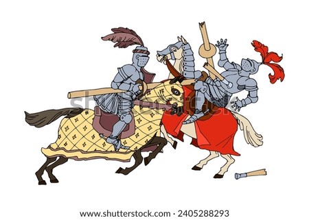 A clash of mounted knights at a festive tournament. Color vector illustration with black contour lines, isolated on a white background in cartoon style.