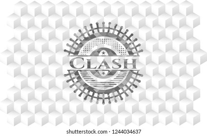 Clash retro style grey emblem with geometric cube white background