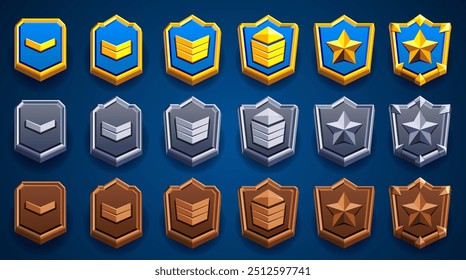 Clash royale rank level badge set. Illustration of shield emblem decorated with stars. Different shapes. Blue, woody, brown, golden, silvered, bronze, wood. Achievements award.