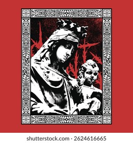 Um choque de sagrados e desafiadores - esta peça gótica reimagina a divindade através do contraste, relíquias e tons vermelhos. Uma assombração assume a fé, a beleza e o silêncio em um mundo gritando por significado.