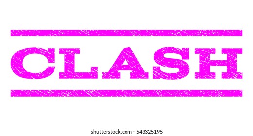 Clash watermark stamp. Text caption between horizontal parallel lines with grunge design style. Rubber seal stamp with unclean texture. Vector magenta color ink imprint on a white background.