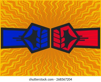 Clashing fists, two opposite forces clashing, fist bump, fight or confrontation concept vector design